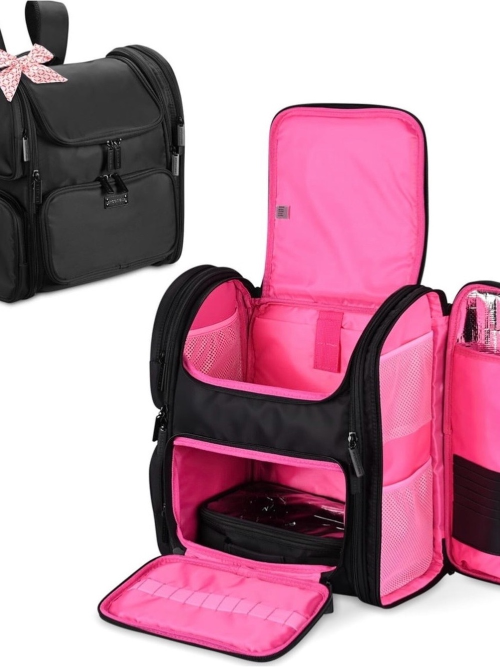 Women's Black Cosmetic Organizer Bag with Pink Interior